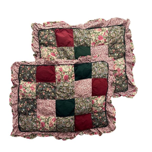 Pillow Sham Patchwork Quilted Cottagecore Burgundy Green Ruffle King Pair Vtg - Picture 1 of 6